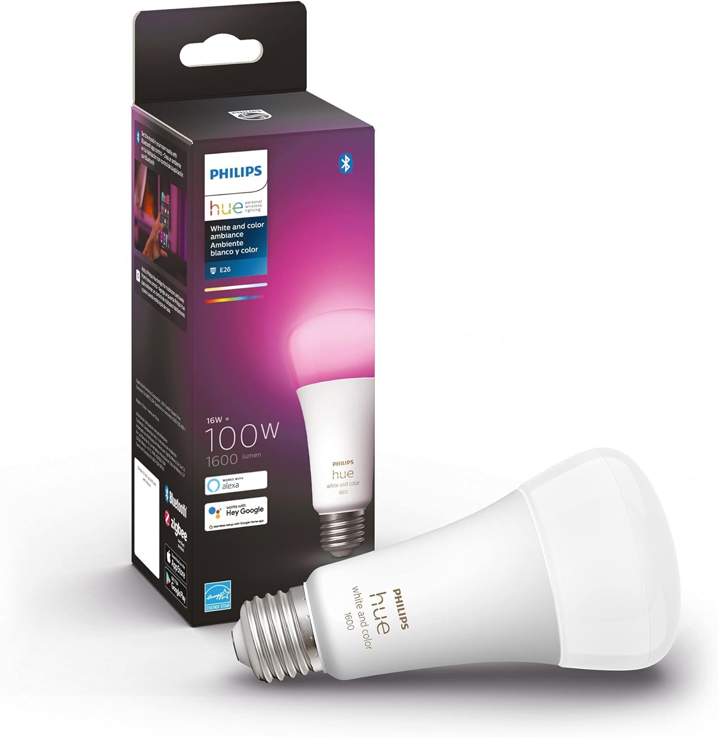 Philips Hue Smart 100W A21 Led Bulb - White And Color Ambiance Color-Changing Light - 4 Pack - 1600Lm - E26 - Indoor - Control W