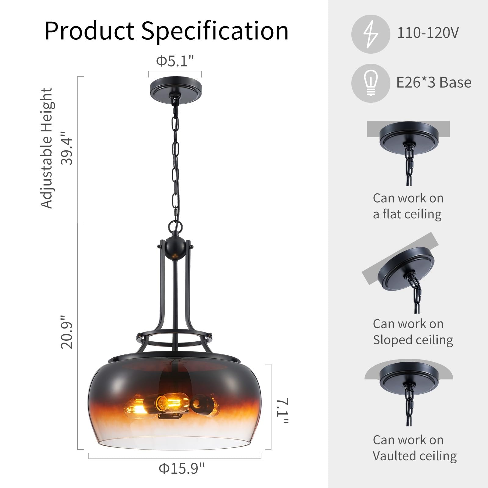 WUZUPS Chandelier Pendant Light Fixture, 3-Light, Amber Gradient Black Glass Shade, H 20.9in W 15.9in, Model USHD30308CO