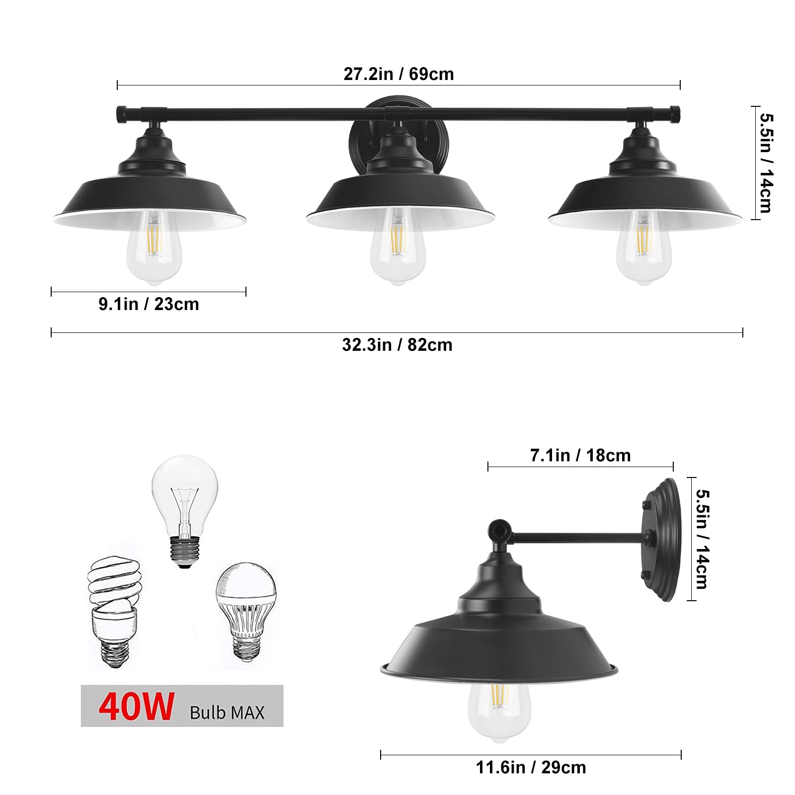 GoYeel Bathroom Vanity Light - Matte Black 3-Light Rustic Industrial Wall Sconce Fixture, Iron Material for Dressing Table