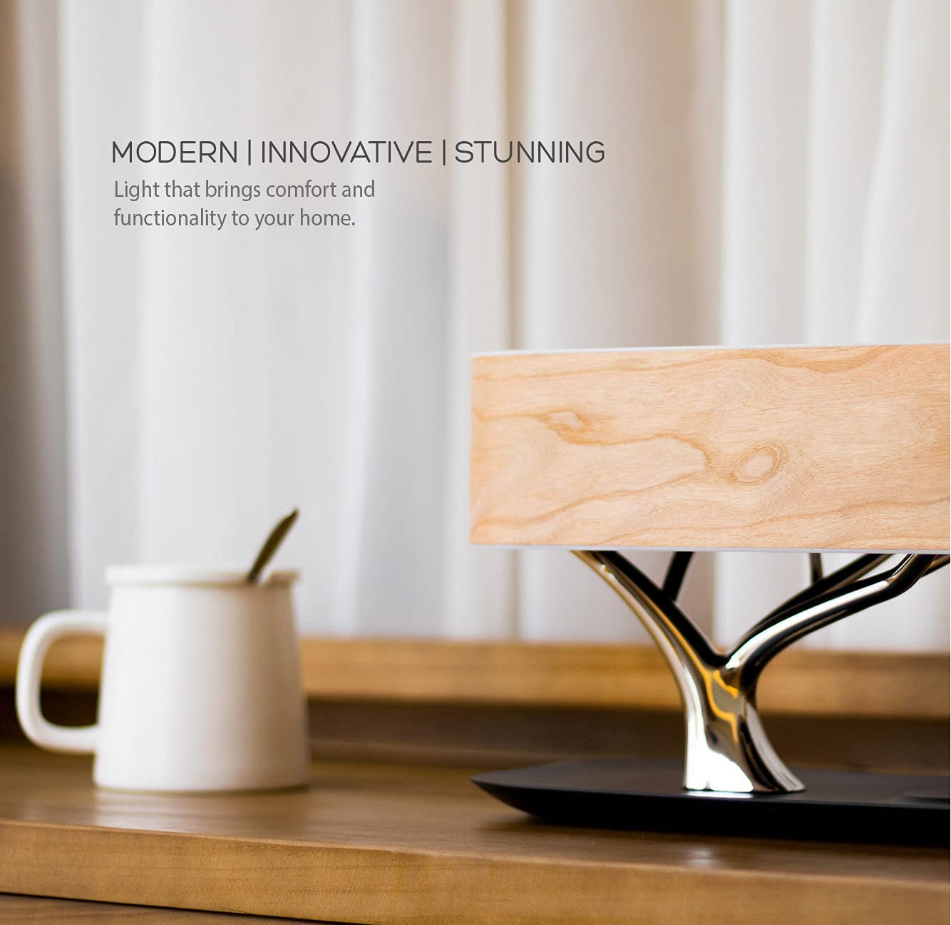 MODIRNATION Bonsai LED Bedside Lamp with Bluetooth Speaker & Qi Charger, Black, Model MN-TLTOL1019, Stepless Dimming, Sleep Mode