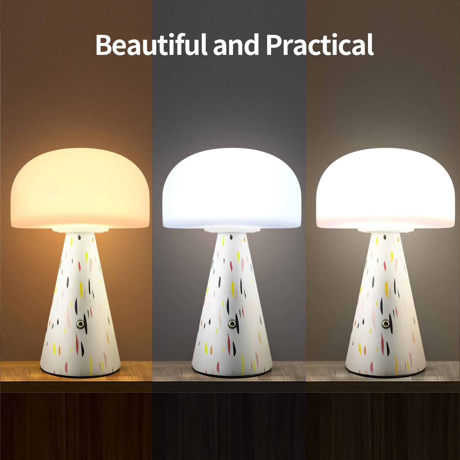 Levigo Cute Mushroom Table Lamp With Touch Switch, Natural Style Portable Cordless Led Dimmable Soft Light Lamp (Yellow)