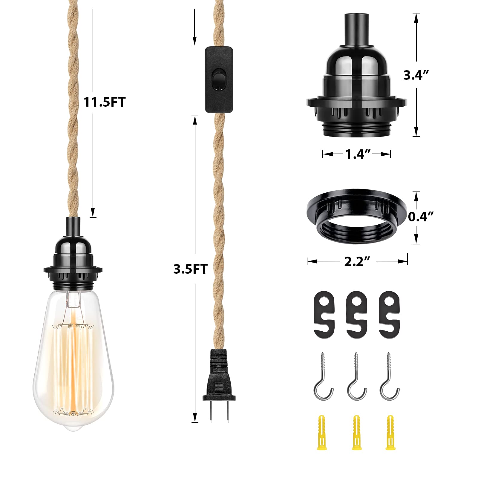HURYEE Plug in Hanging Light Fixture, 15FT Hemp Rope Pendant Lamp, E26 Bulb Socket, Yellow, Model RP50-1