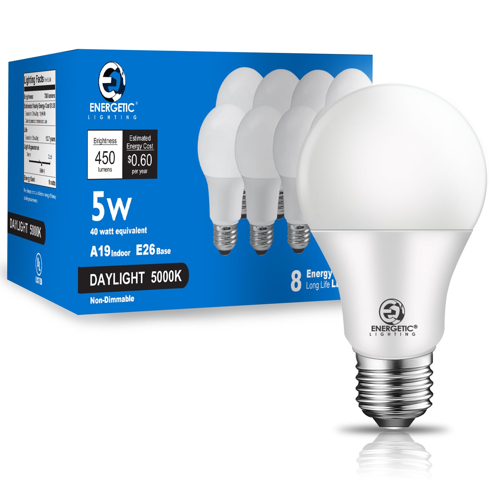 E Energetic Lighting 40W Equivalent, A19 Led Light Bulb, 5000K Daylight, E26 Standard Base, Non-Dimmable, 5W 450Lm, Ul Listed, 8