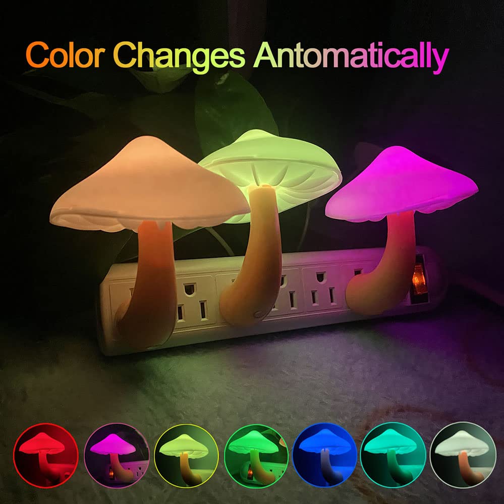 UTLK Plug-in LED Mushroom Night Light Lamp, Dusk to Dawn Sensor, 7-Color, Cute Nightlight for Kids and Children