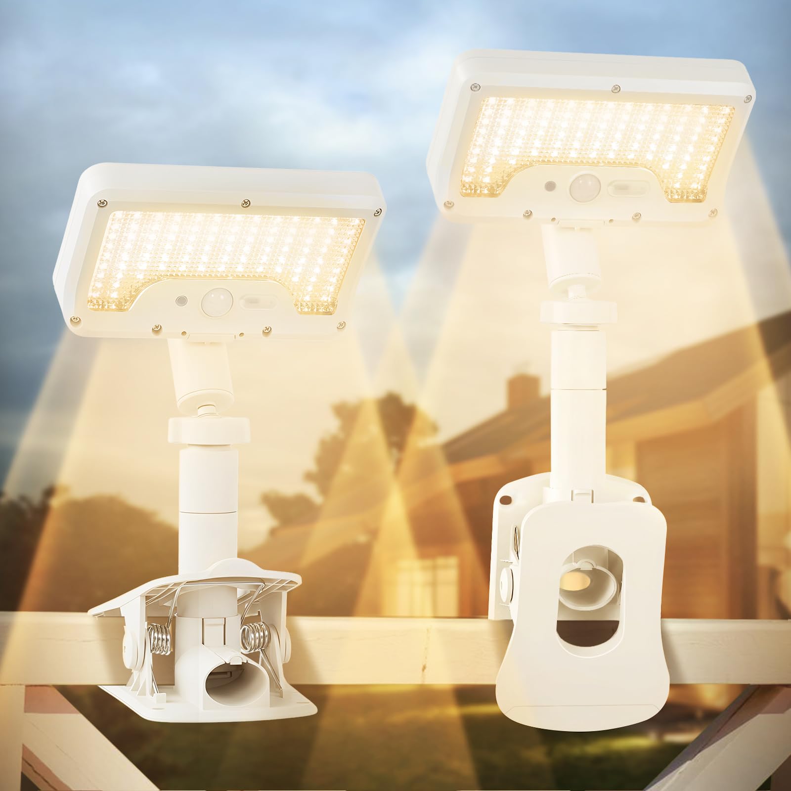 Clip On Solar Lights Outdoor with Motion Sensor  360Rotatable & Vertically Adjustable Solar Fence Lights with 92 LEDs (600 LM  3000 K) IP65 Waterproof Security Light for Deck  Gutter(White  2 Pack)