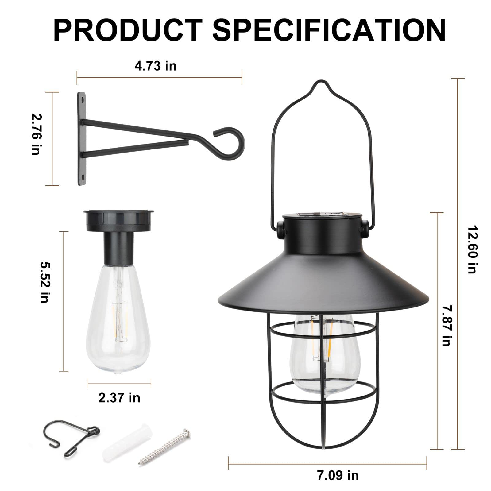 Pearlstar Solar Lanterns Outdoor Metal Solar Powered Hanging Lights Waterproof For Wall Yard Garden Patio Garage Balcony Porch Fence Decor, Warm White Edison Bulb,With Wall Mount Kit(Black-1Pack)