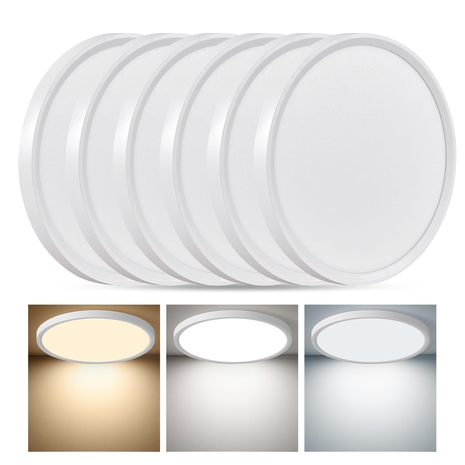 6Pk 12 Inch Led Flush Mount Ceiling Light, 24W, 2520Lm, 3000K/4000K/6000K Cct Selectable, 0.9Inch Super Slim Led Ceiling Light Fixture, Low Profile Round Flat Panel Light For Bedroom,Kitchen,Hallway