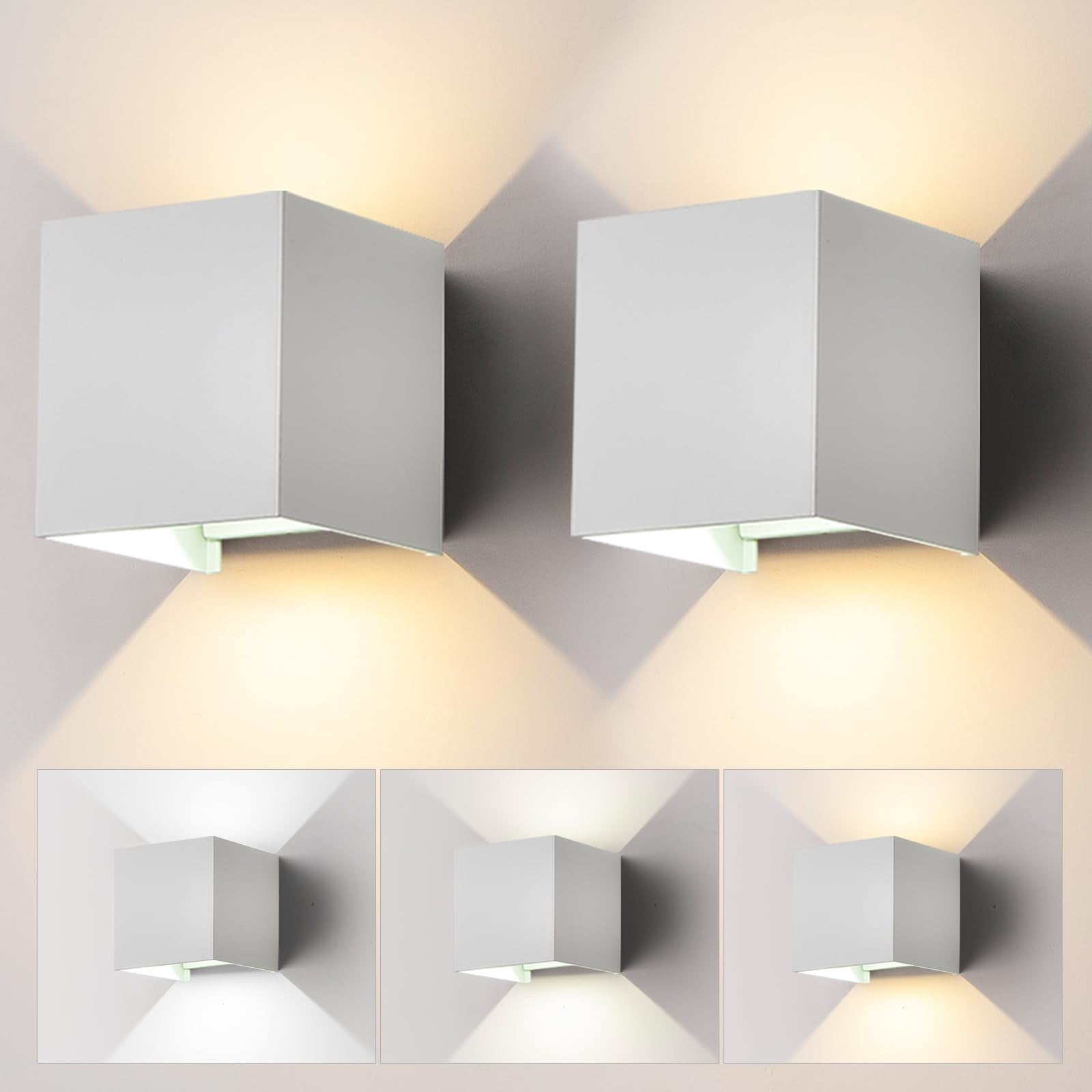 2 Pack LED Outdoor Wall Sconces Exterior/Interior Modern Square Aluminum Wall Light Fixture  Variable Beam IP65 Waterproof Lights.15W 3-Color-Changeable Up and Down Outdoor Lighting Fixtures(White)
