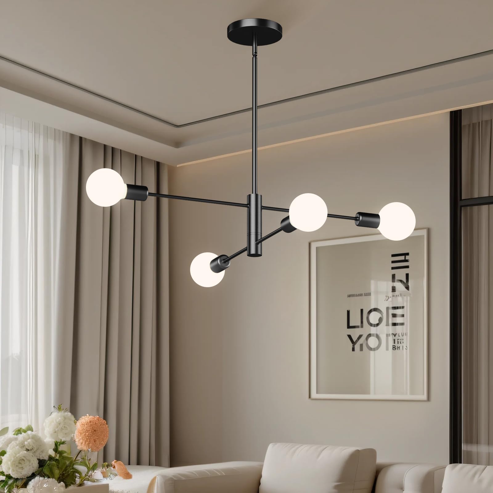 Eugitrains Modern Sputnik Chandelier 4-Light Black, Mid Century Chandelier For Living Room, Kitchen, Dining Room, Bedroom,Foyer
