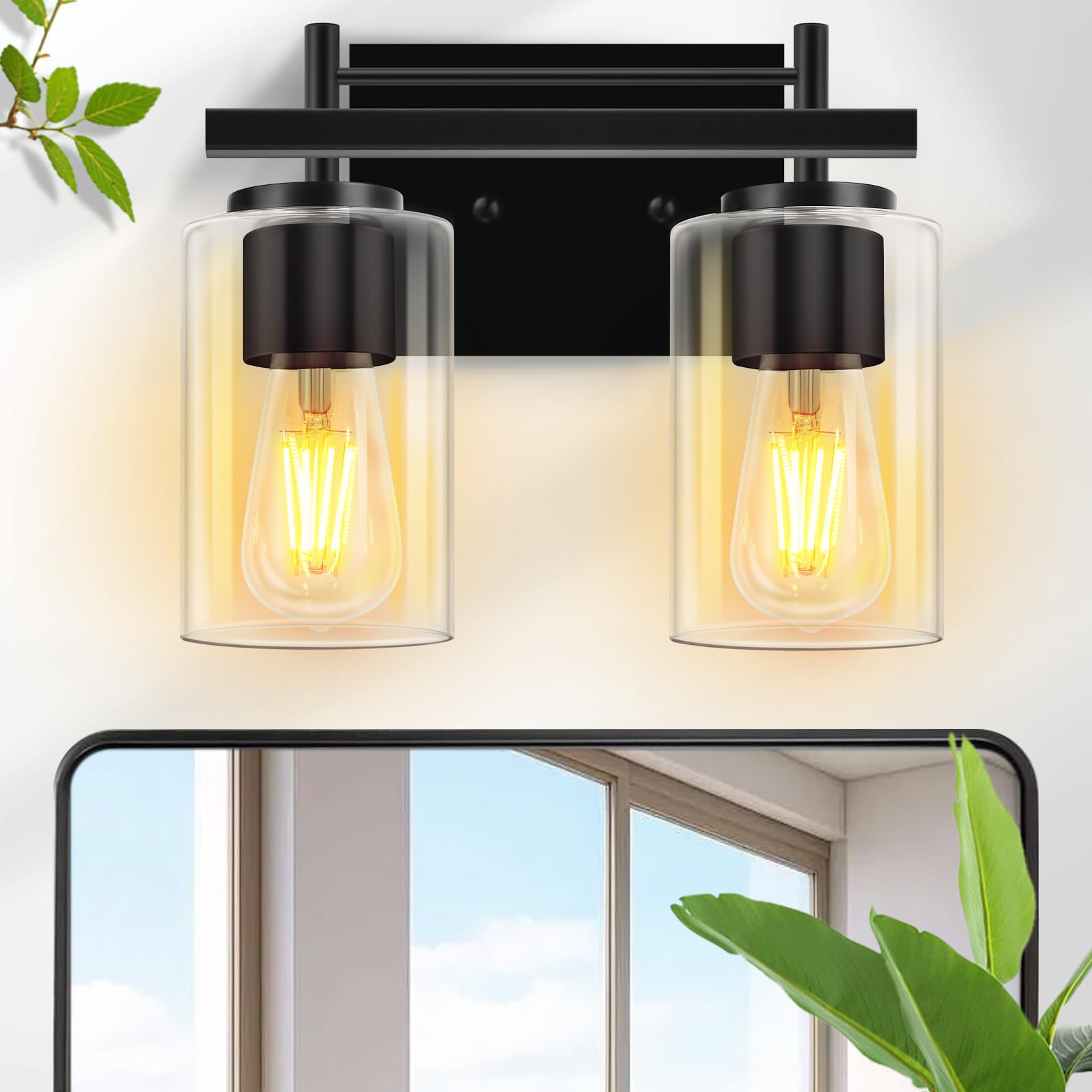 LWSOY Bathroom Vanity Light - 2-Lights, Vintage Wall Mounted, Metal, Black, Model YSD-02, 11 Inch Clear Glass Shade