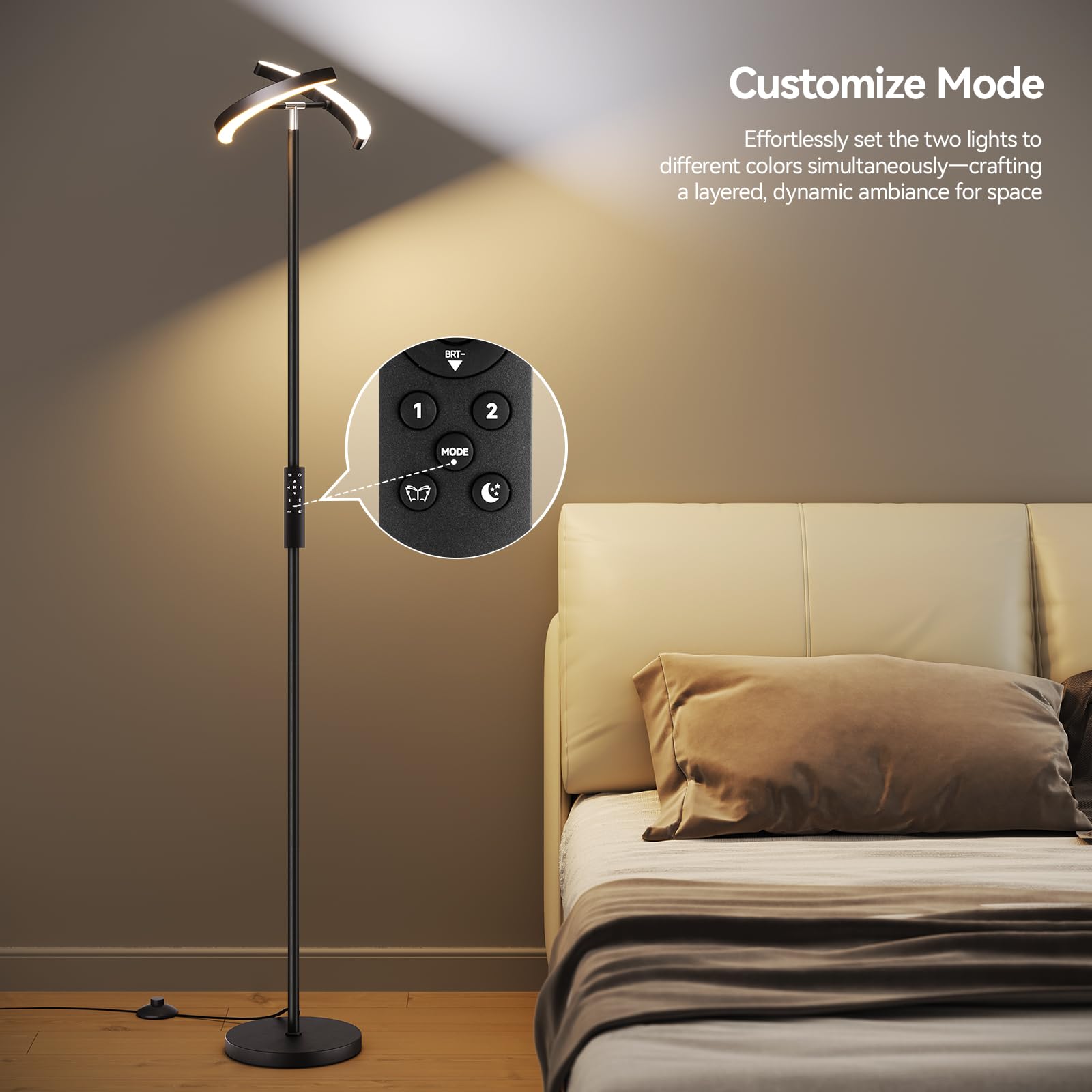 SUNMORY Floor Lamp with Remote, 28W/1600LM, Dimmable, 74in Tall, Iron, Black, Model FLD-032-XO
