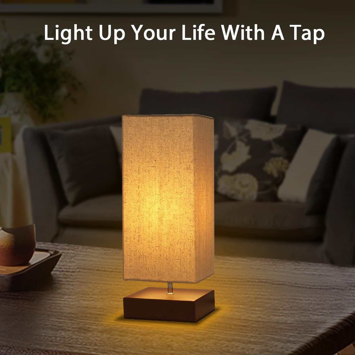 Seaside Village Touch Control Table Lamp, 3-Way Dimmable, 5.12"x5.12"x14.37", Beige Fabric Shade, Metal Base, Model 32143