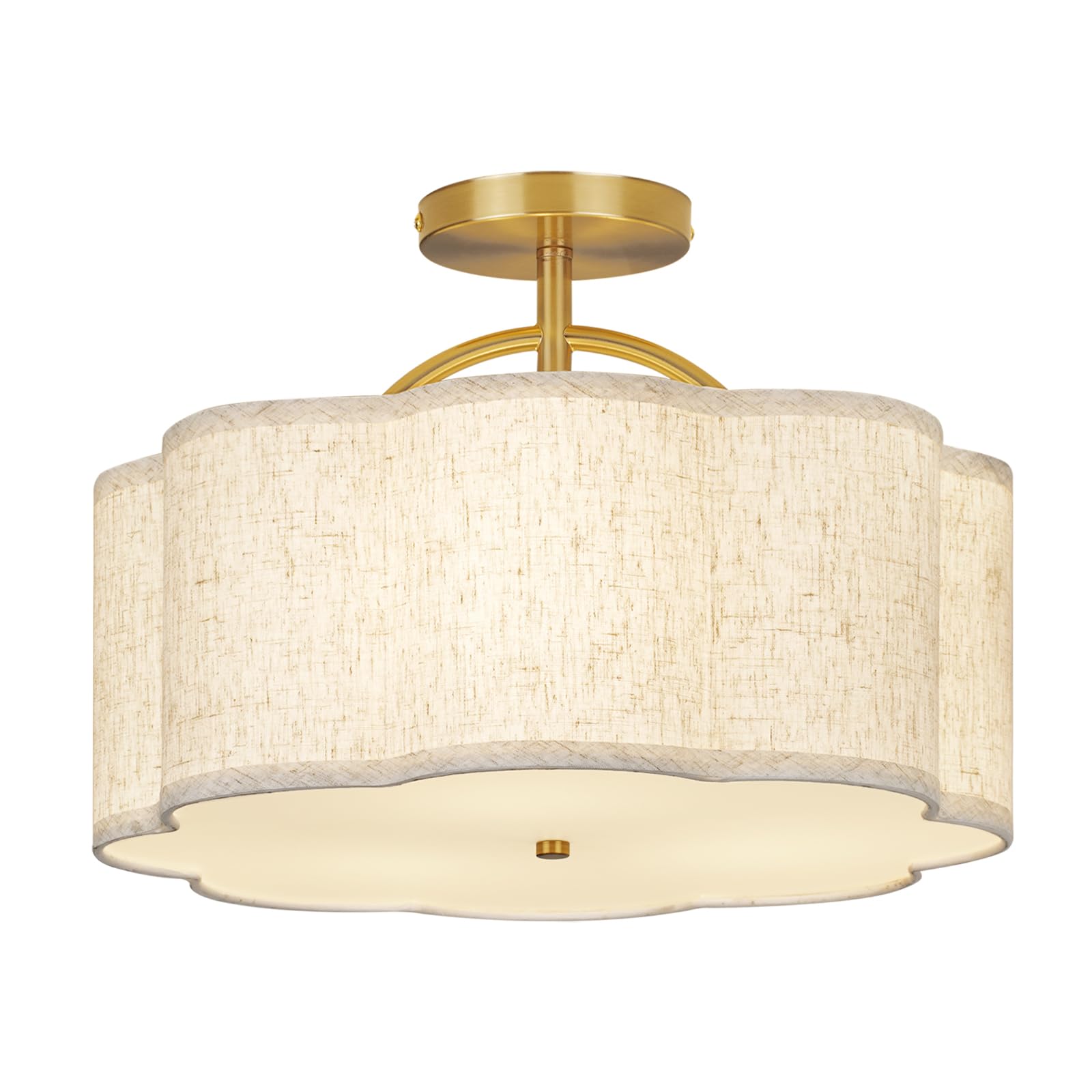 CALOKES Semi Flush Mount Ceiling Light, 16 Modern 3-Light Fixture with Petal-Shaped Beige Linen Shade and Golden Support Arm, Id