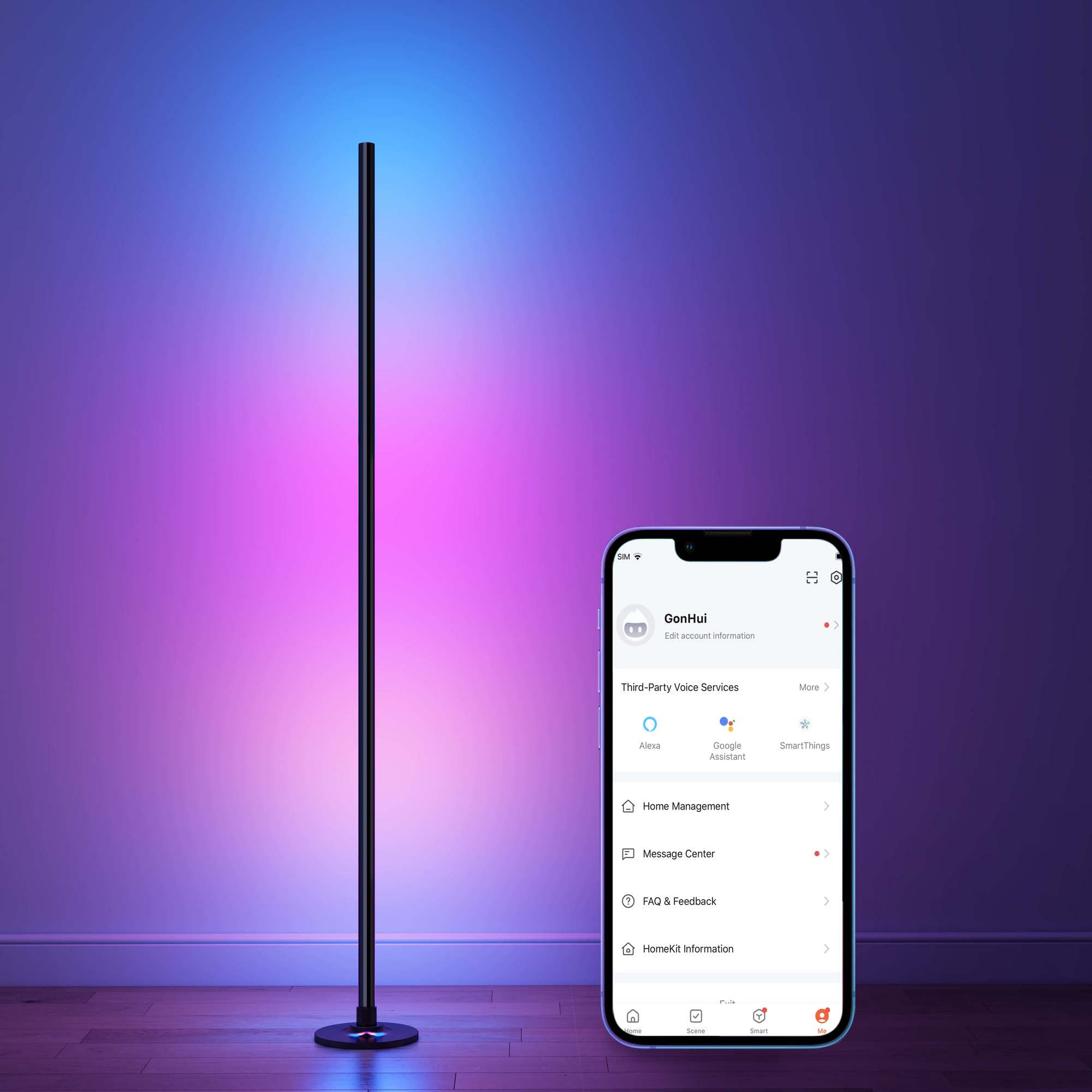 GonHui Corner Floor Lamp, LED Smart Floor Lamp Compatible with Alexa, Color Changing Ambience Light with Music Sync, Modern Corn