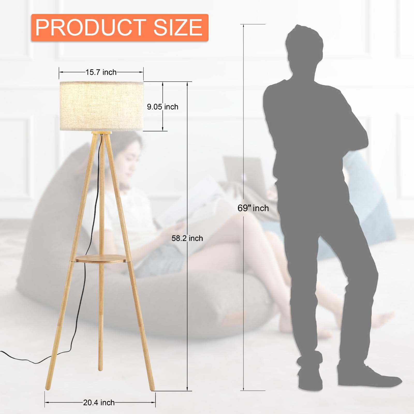 Baobab Tree Park Wood Tripod Floor Lamp With Shelf & 3 Color Temparature Led Bulb, Modern Nordic Wooden Standing Floor Lamp Line