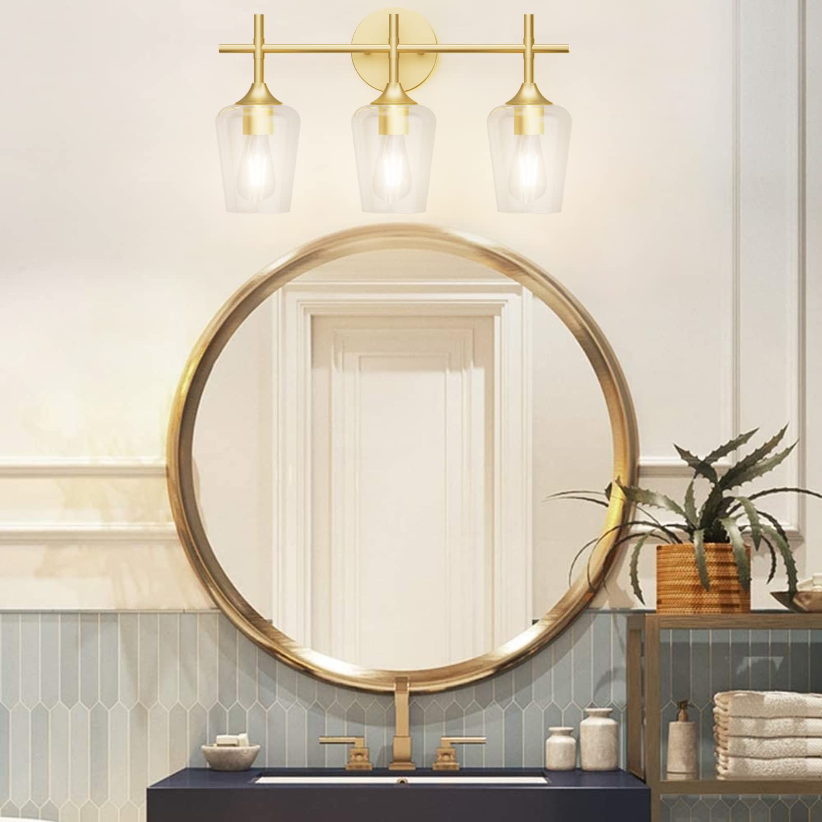 Ralbay Gold Bathroom Vanity Light 3-Lights Metal Clear Glass Wall Fixture Model 1117