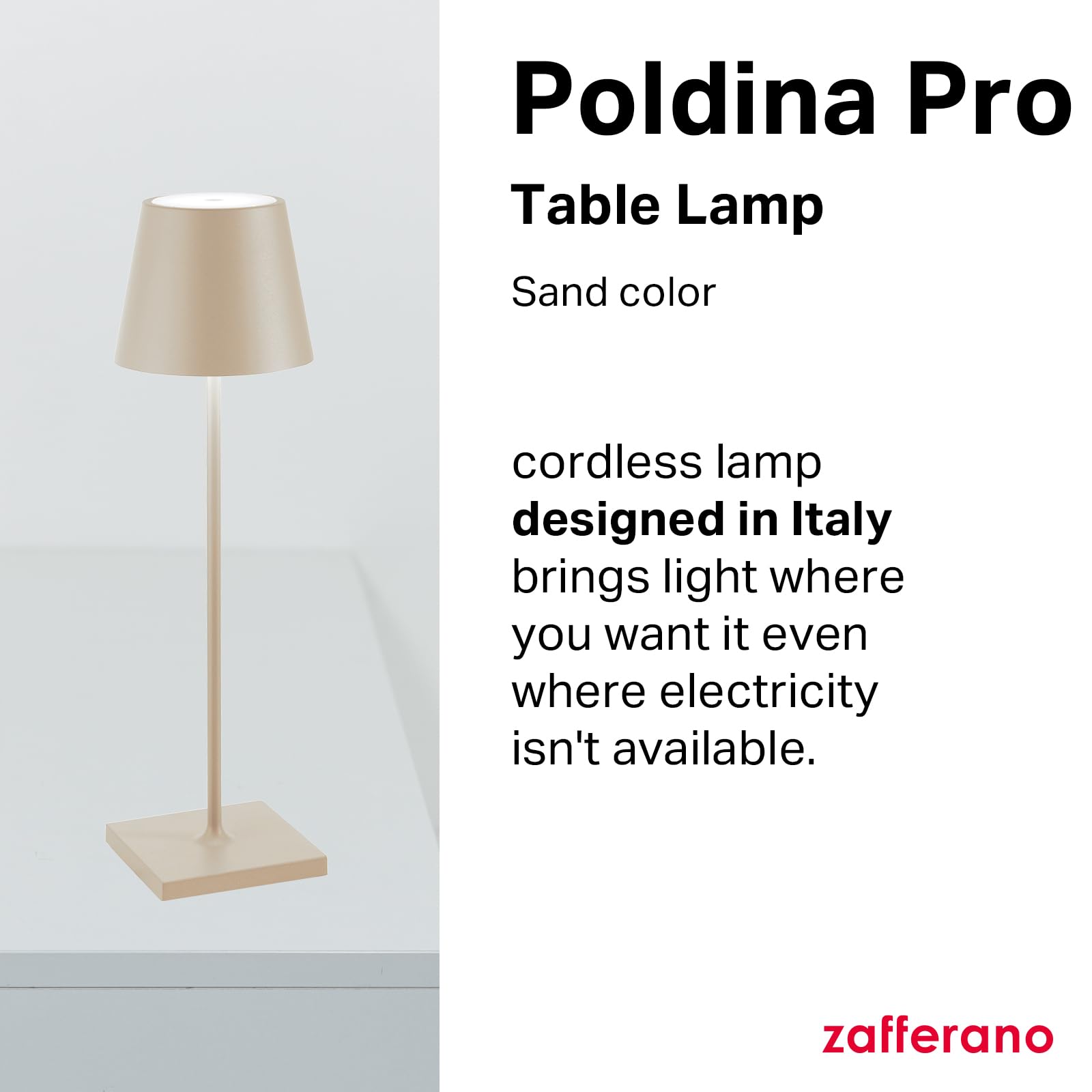 Zafferano Poldina Pro Rechargeable Table Lamp - Cordless, Touch Control, Sand Color, 14.9&quot;
