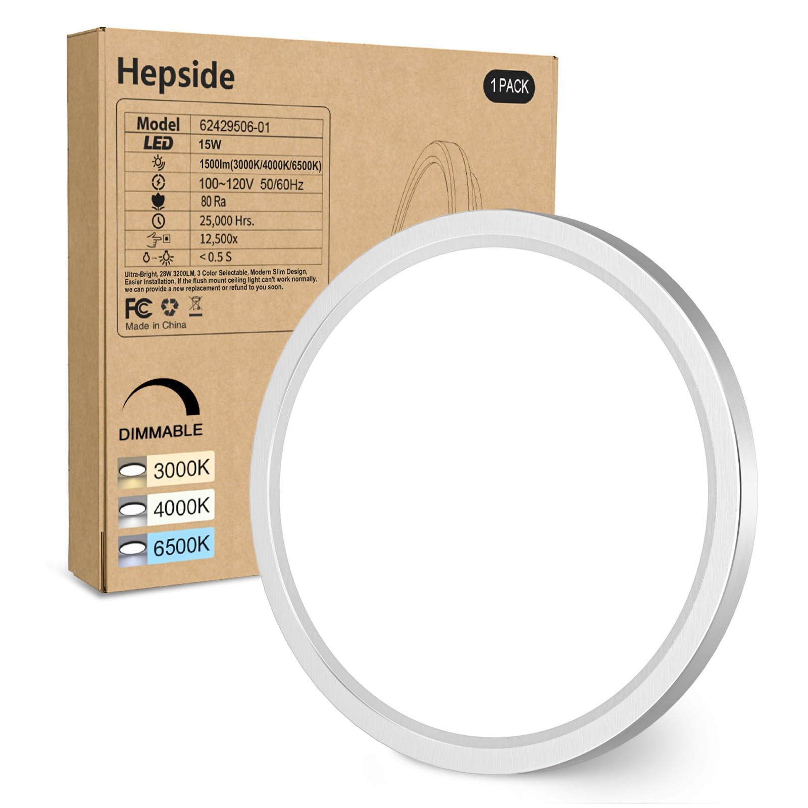 Hepside 1Pack Dimmable Flush Mount Ceiling Light Fixture Brushed Nickel, 3Cct Selectable 3000/4000/6500K Ceiling Lamp, 7.5Inch 1