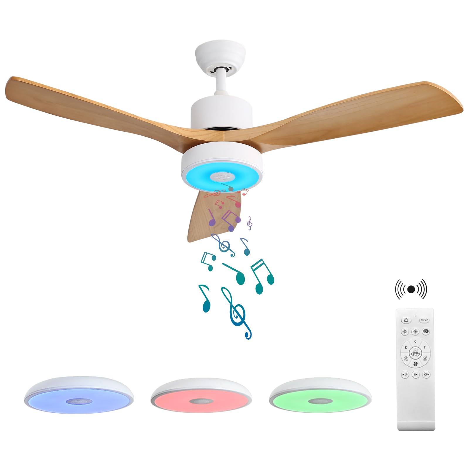 ASALL 52 Inch Wood Ceiling Fan with RGB Dimming LED Light,with Music Bluetooth Speaker,Remote Control,3-Speed Regulation, Reversible Motor,Timing,for Living Room,Bedroom,Restaurant,Outdoor