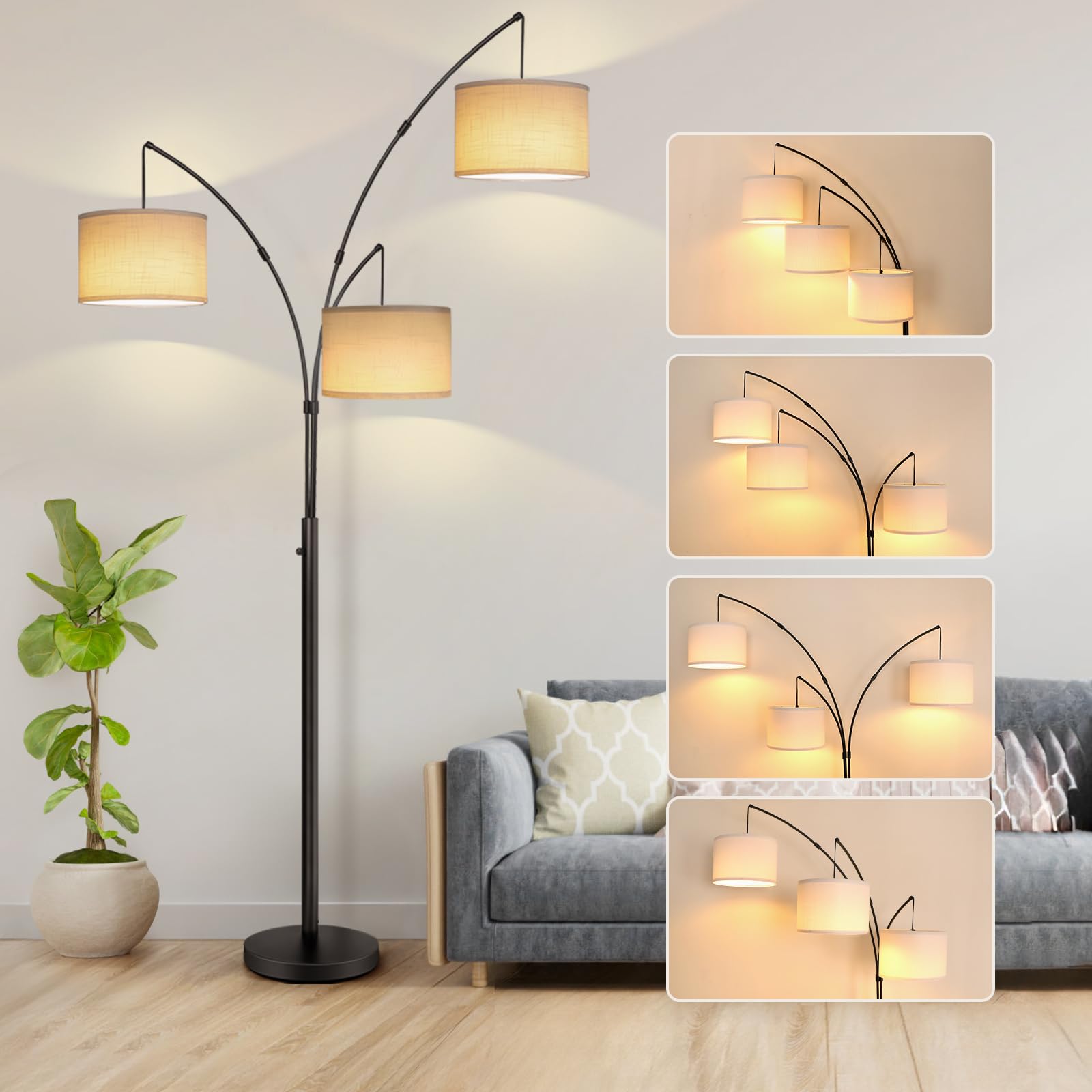 OUTON Tall Arc Floor Lamp - Adjustable, Modern, 3-Light Arched Lamp for Bedroom, Office, and Living Room, 2400lm Mid Century Flo