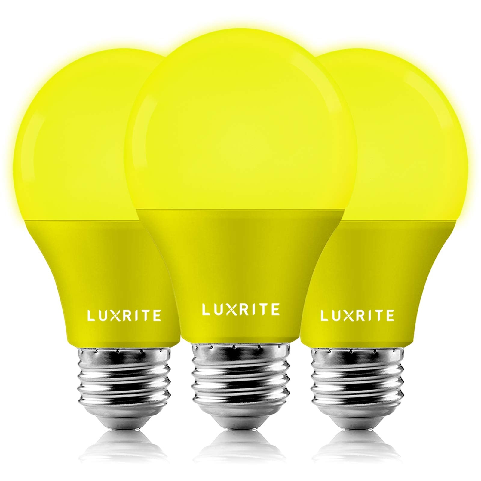 LUXRITE A19 Yellow LED Bug Light Bulbs, 60W Equivalent, Non-Dimmable, E26 Base, 3 Pack