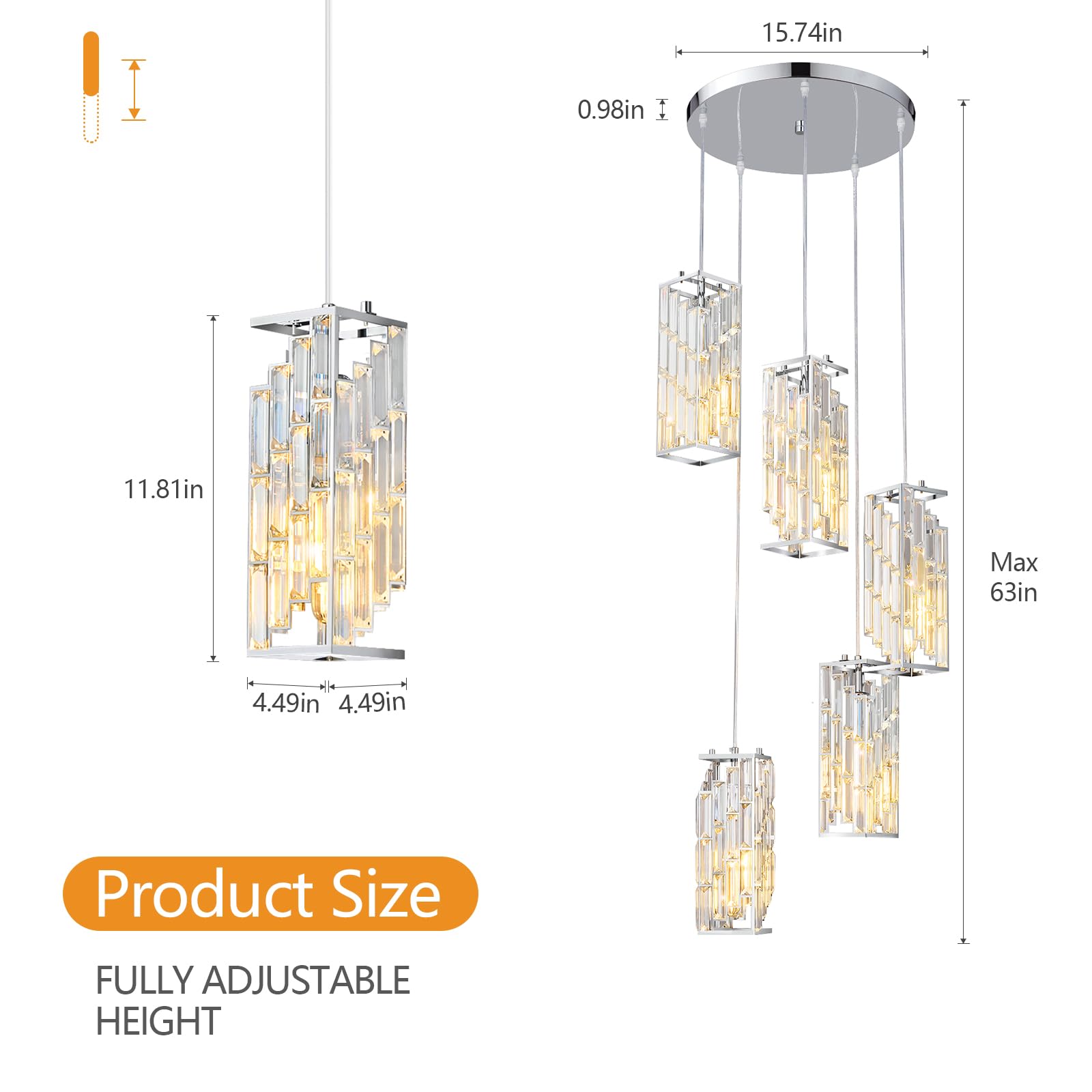 FDPBY Chrome Mini Crystal Pendant Light - 5-Light Adjustable Fixture for Kitchen Island & Dining Room, Model JP-002