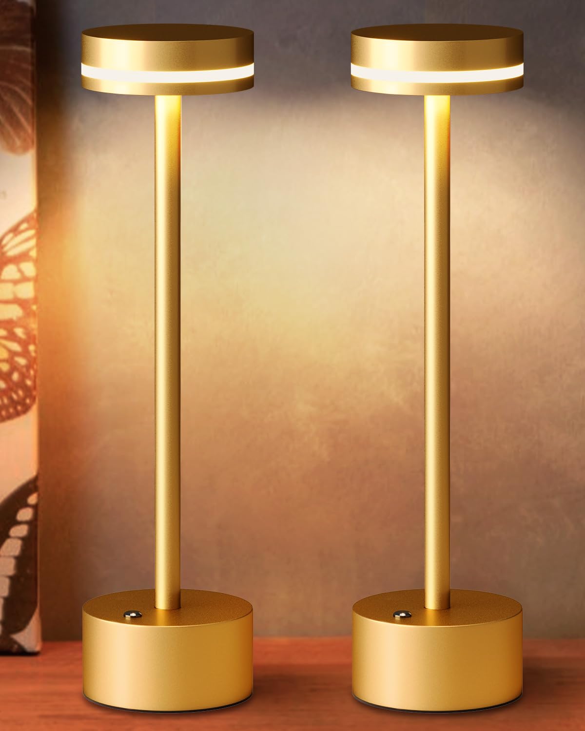 FUNTAPHANTA Modern Rechargeable Cordless Table Lamp, Aluminum Shell Dimmable Battery Powered Lamp, 4000mAh Certified Battery, 3000K Portable Warm White Bedside Lamp, Pack of 2 (Gold)