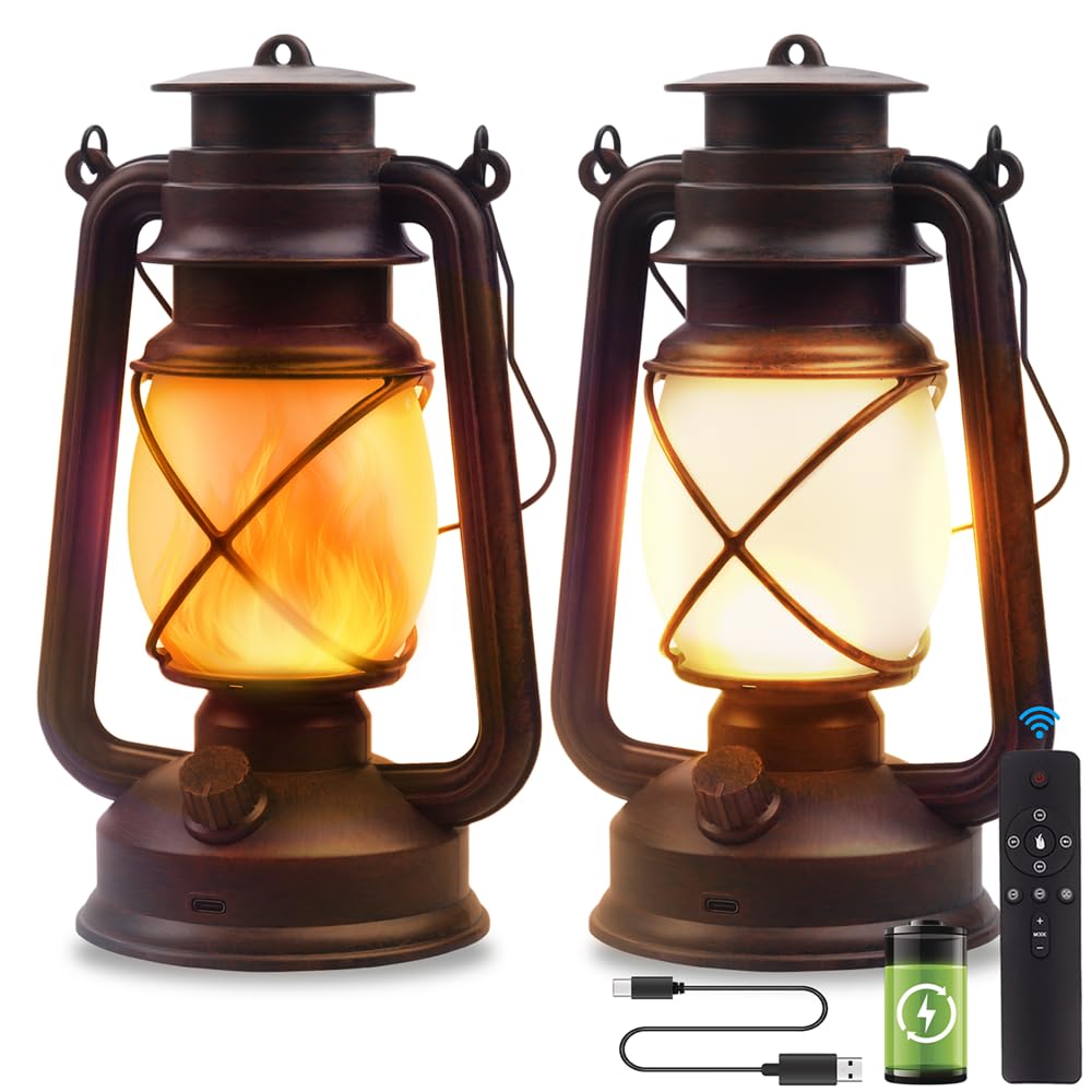 Lantern LED Battery Powered Camping Lamp Outdoor Hanging Lantern Flickering Flame Rechargeable Retro Lanterns Remote Control 4 M