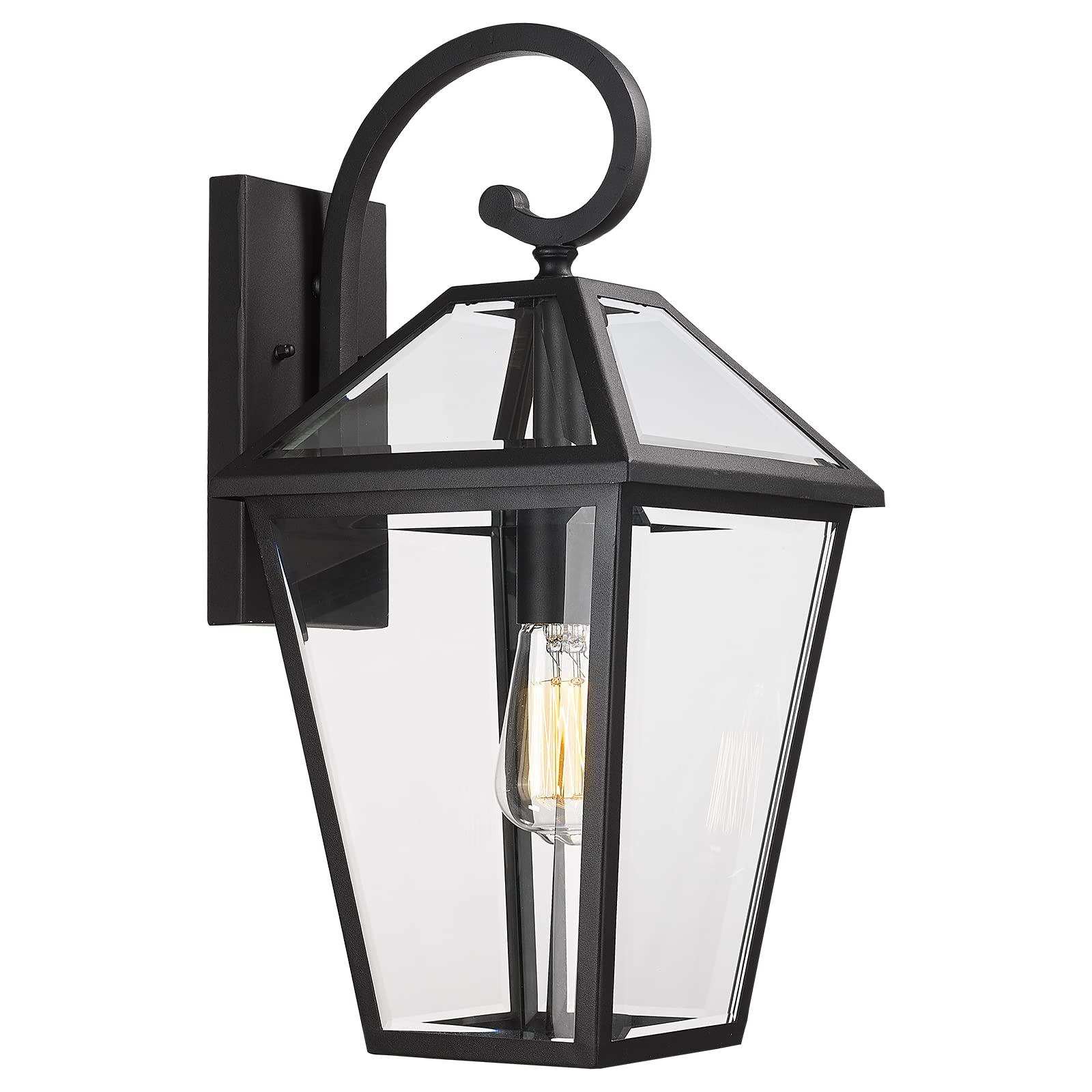 Luminzone Large Waterproof Outdoor Wall Light Fixture - Black Glass Lantern For Porch & Patio