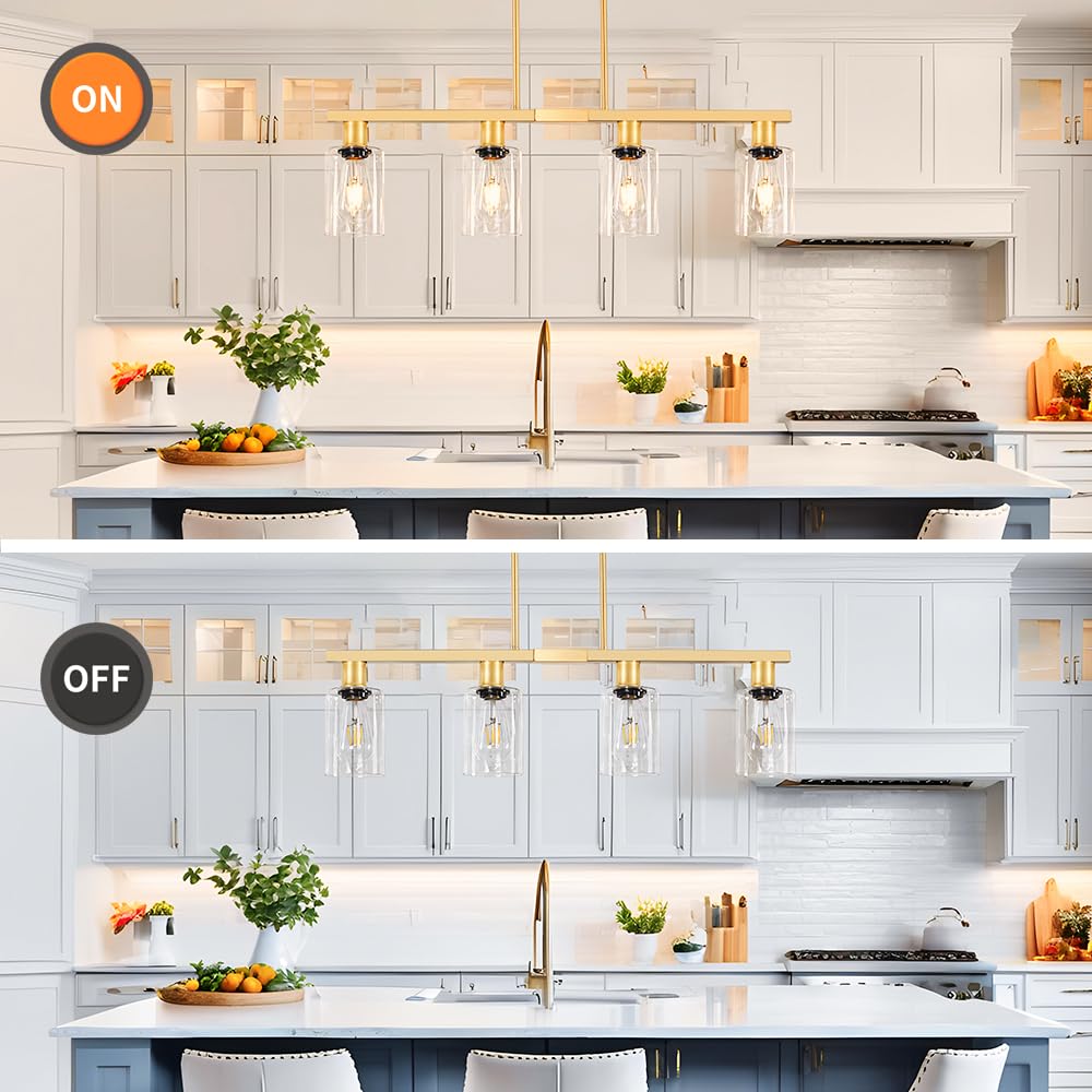 DSMJFU 4-Light Kitchen Island Lighting, Gold Metal Chandelier, Height Adjustable, 31in Glass Shade, Farmhouse Style for Dining Room