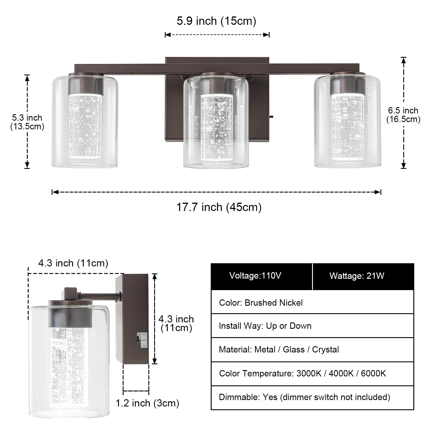 Sinerise 3-Light Bronze Vanity Light With 3 Color Modes (3000K/4000K/6000K), Eye Protection Led Bathroom Light Fixture, Dimmable