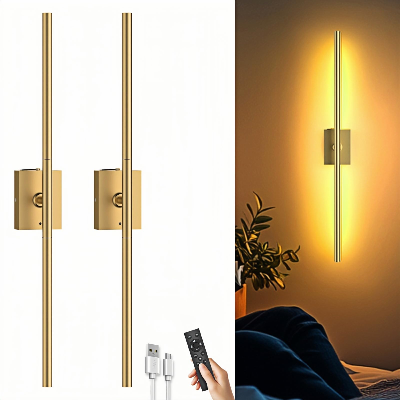Battery Operated Wall Sconces Set Of Two: Dimmable Wireless Wall Lights With Remote  31.5Inch Led Rechargeable Sconces  360?Lighting Wall Scone Decor For Tv  Mirror  Bedroom  Living Room(Gold)