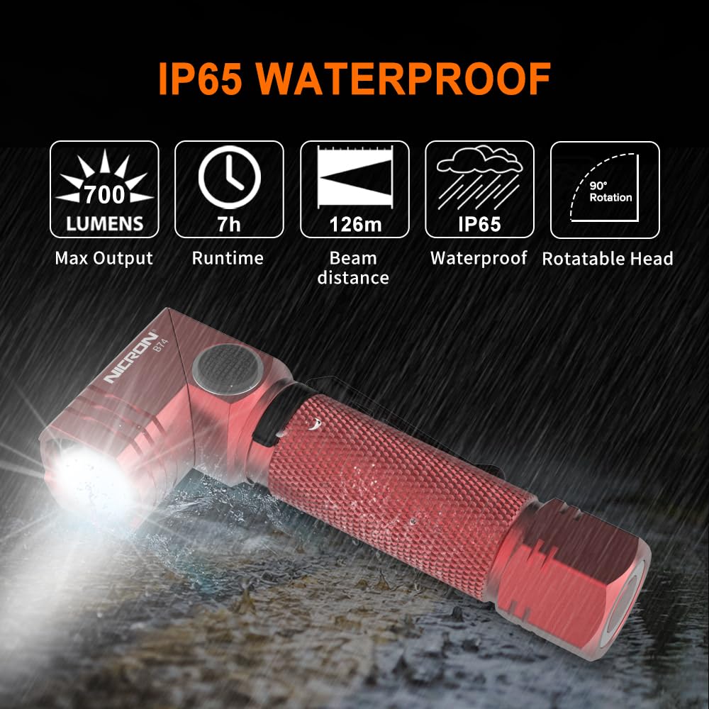 NICRON 700 Lumens 90° Rechargeable Pocket Flashlight, IP65 Waterproof, 5 Modes, LED Small Type - Red, Model B74-red