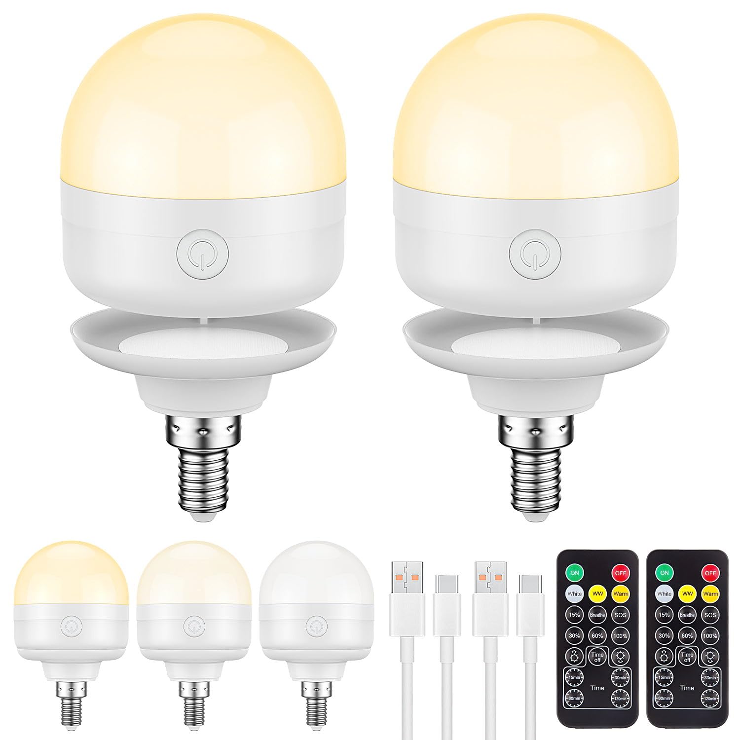 SCOPOW 2Packs E12 Rechargeable Light Bulbs with Remote Control Timer and 3 Color Temperature Options,Battery Operated Light Bulb Magnetically Dimmer for Non-Hardwired Detachable(5W+E12+3Colors+2PC)