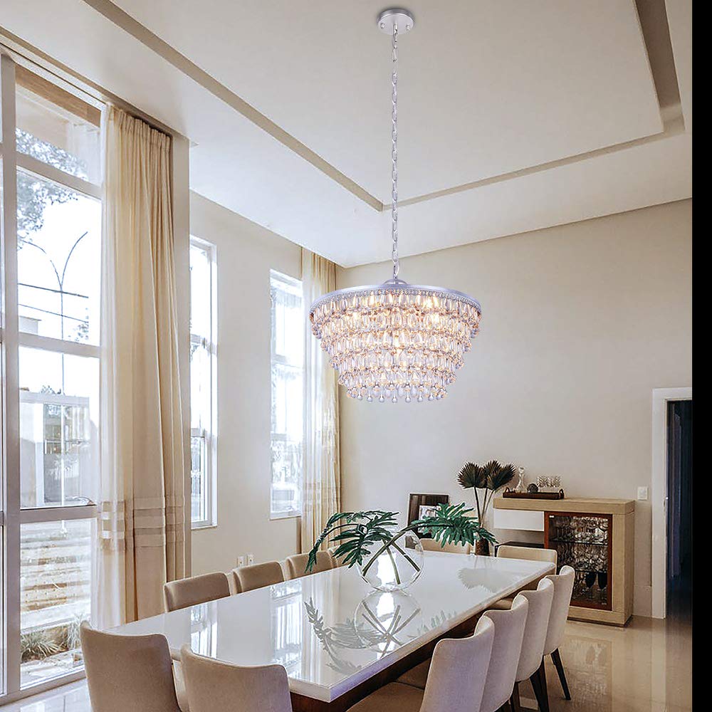 Wellmet 20" Crystal Chandelier, 6 Lights, Silver, Adjustable Modern Pendant for Dining Room, Bedroom, Hallway, Model DS-CCP002-Silver-US