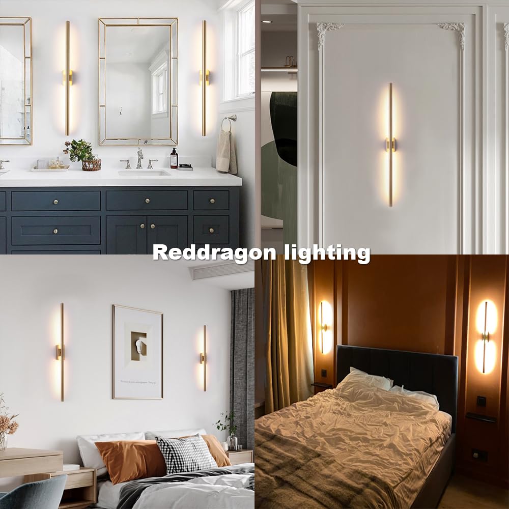 Reddragon Lighting Set Of 2 Hardwired 32 Inch Long Bronze Gold Wall Sconce Indoor Waterproof Linear Mirror Vanity Wall Light For Bathroom Bedroom Living Room (2 Pack, 32'', Gold, Dimmable)