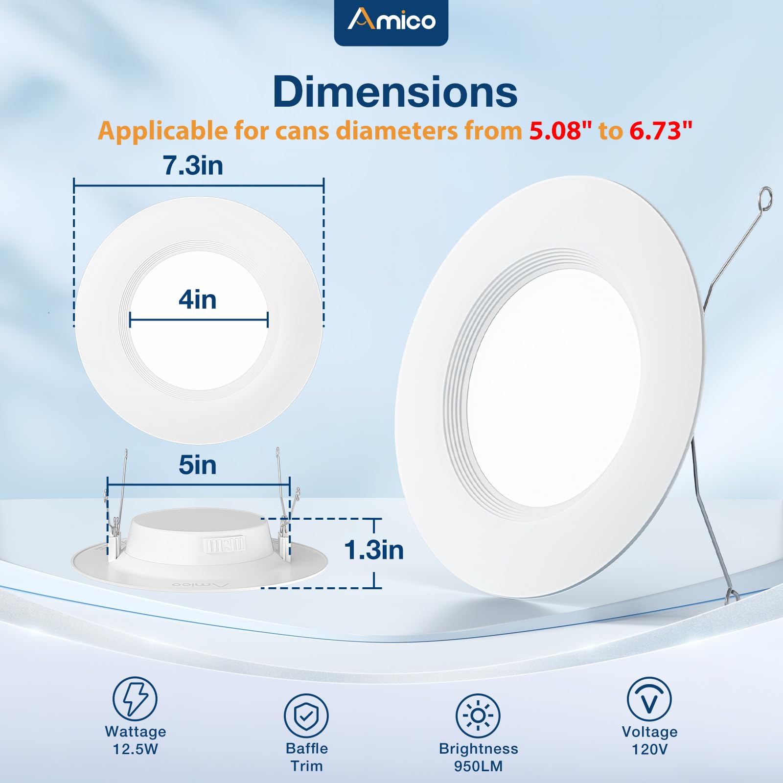 Amico 5/6 Inch 5CCT LED Recessed Lighting, Dimmable, IC Rated, 950LM, 36 Pack, White, Model TP120-RT6-