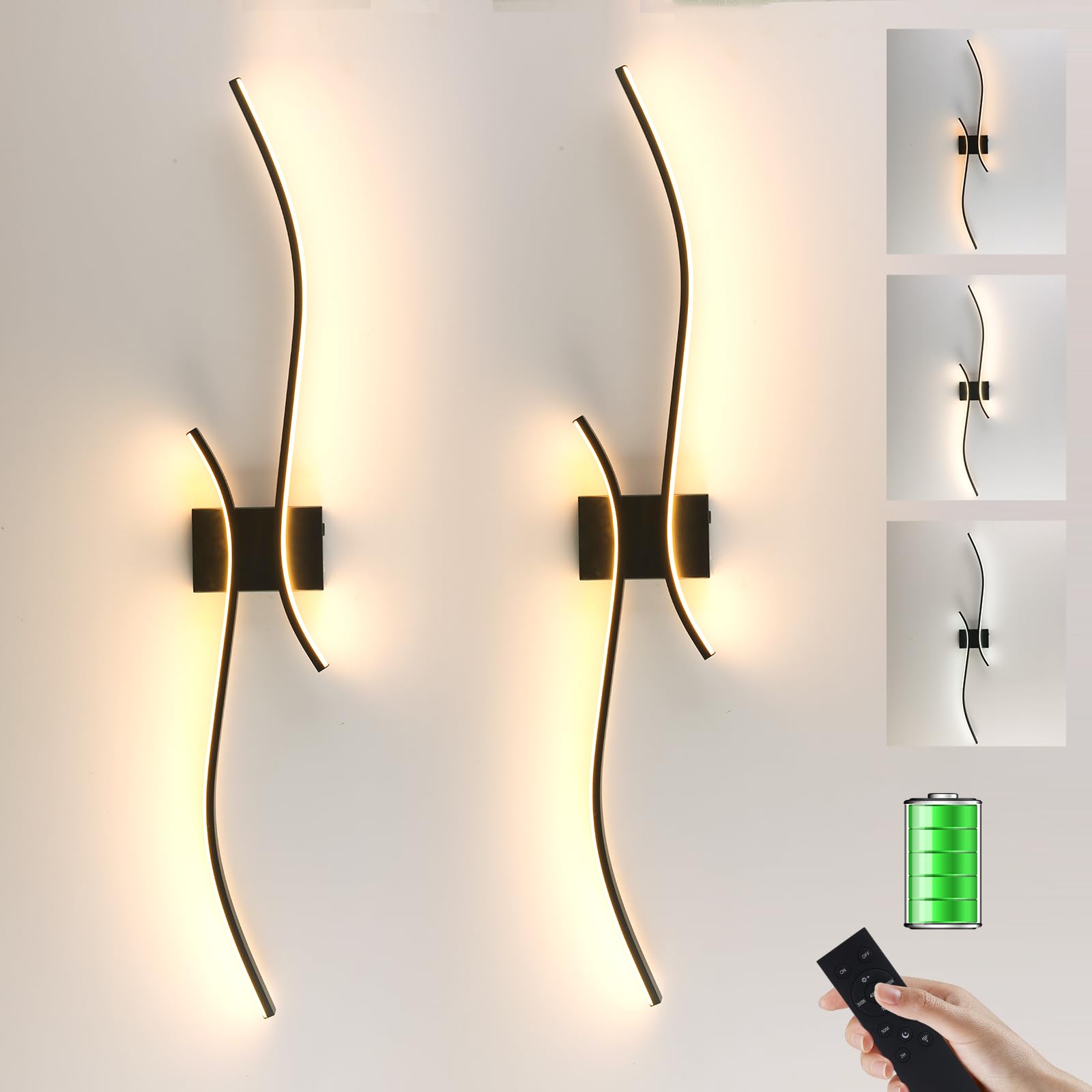 Amansour Battery Operated Wall Sconces Set of 2, 12000mAh Rechargeable, Dimmable 3000K-6000K with Remote, Wireless LED Wall Ligh