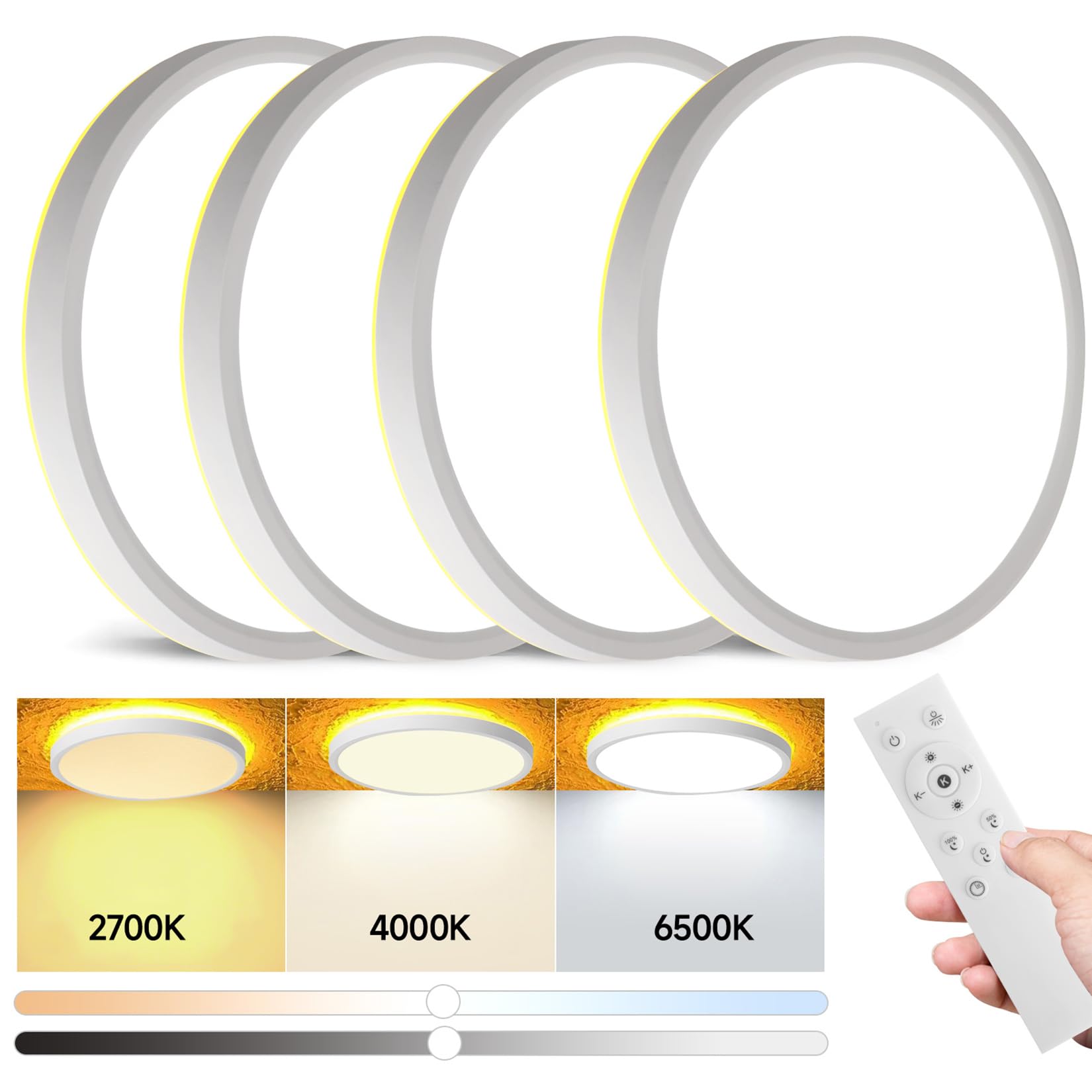 Mille Lucciole 4 Pack Led Flush Mount Ceiling Light Fixture With Night Light, Dimmable Ceiling Lights White 12 Inch 30W 3000Lm 3