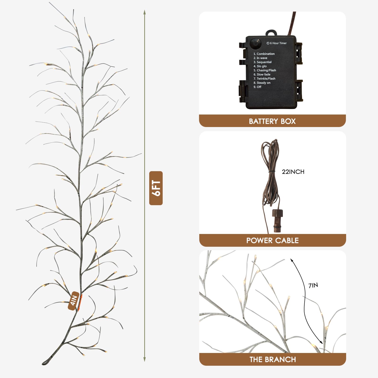 Birch Vine With Lights With Timer 6Ft 72Led  Artificial Tree For Walls Birch Twig For Room Decor Mantle Fireplace Holiday Christmas Decorations Birch Branches - Battery Operated