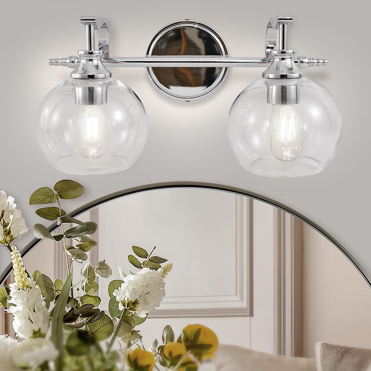 ANDY STAR Chrome Bathroom Light Fixture, 2-Light Modern Vanity Lights, Modern Wall Sconce with Clear Globe Glass Shades, Industr
