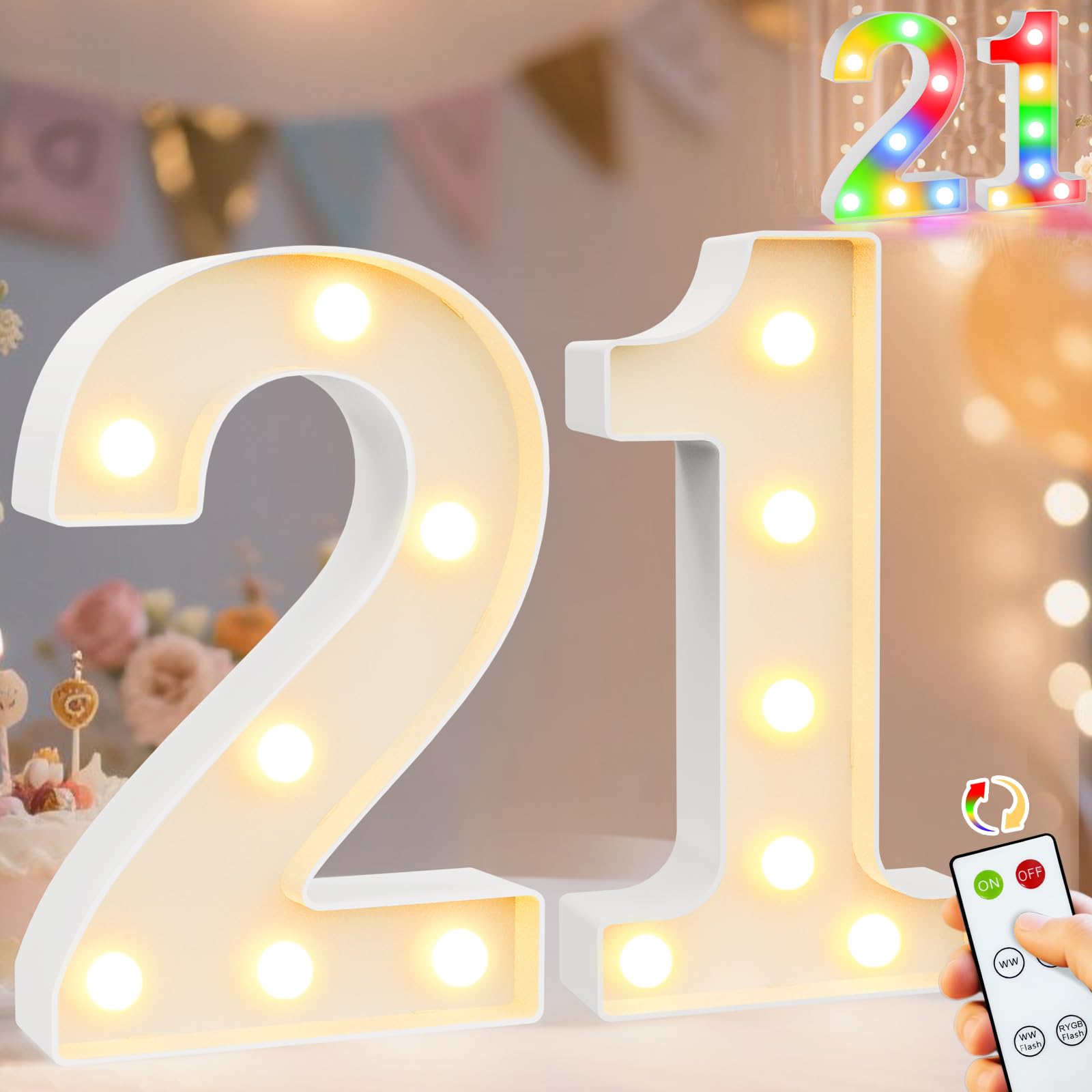 Pooqla 21St Birthday Decoration For Her Him  Decorative Led Light Up Numbers  Marquee Numbers 21 Sign For Party Backdrop 21St Wedding Anniversary Decor Gift  Warm White And Colorful Number 21