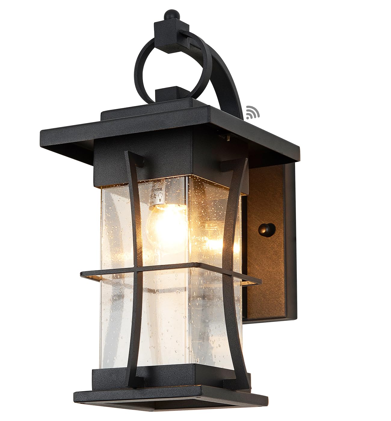 EERU Dusk to Dawn Outdoor Wall Lantern, Waterproof Metal Fixture, Large, Black with Seeded Glass