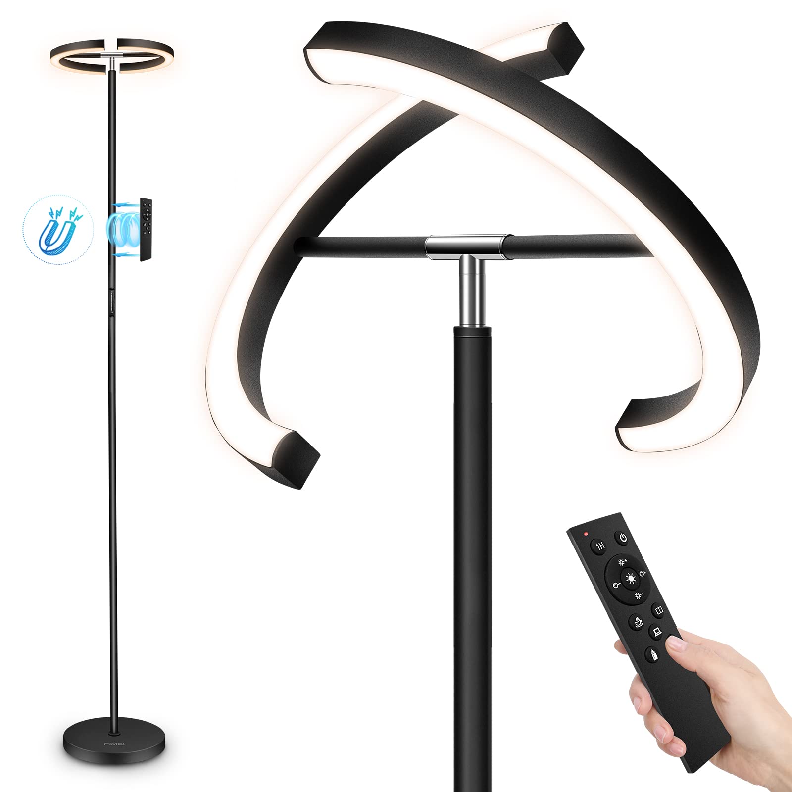 FIMEI Modern LED Floor Lamp, Rotatable Design, Eye-Protection, Stepless Dimming, 3000K-6000K, Black, Model 03662e1d-088