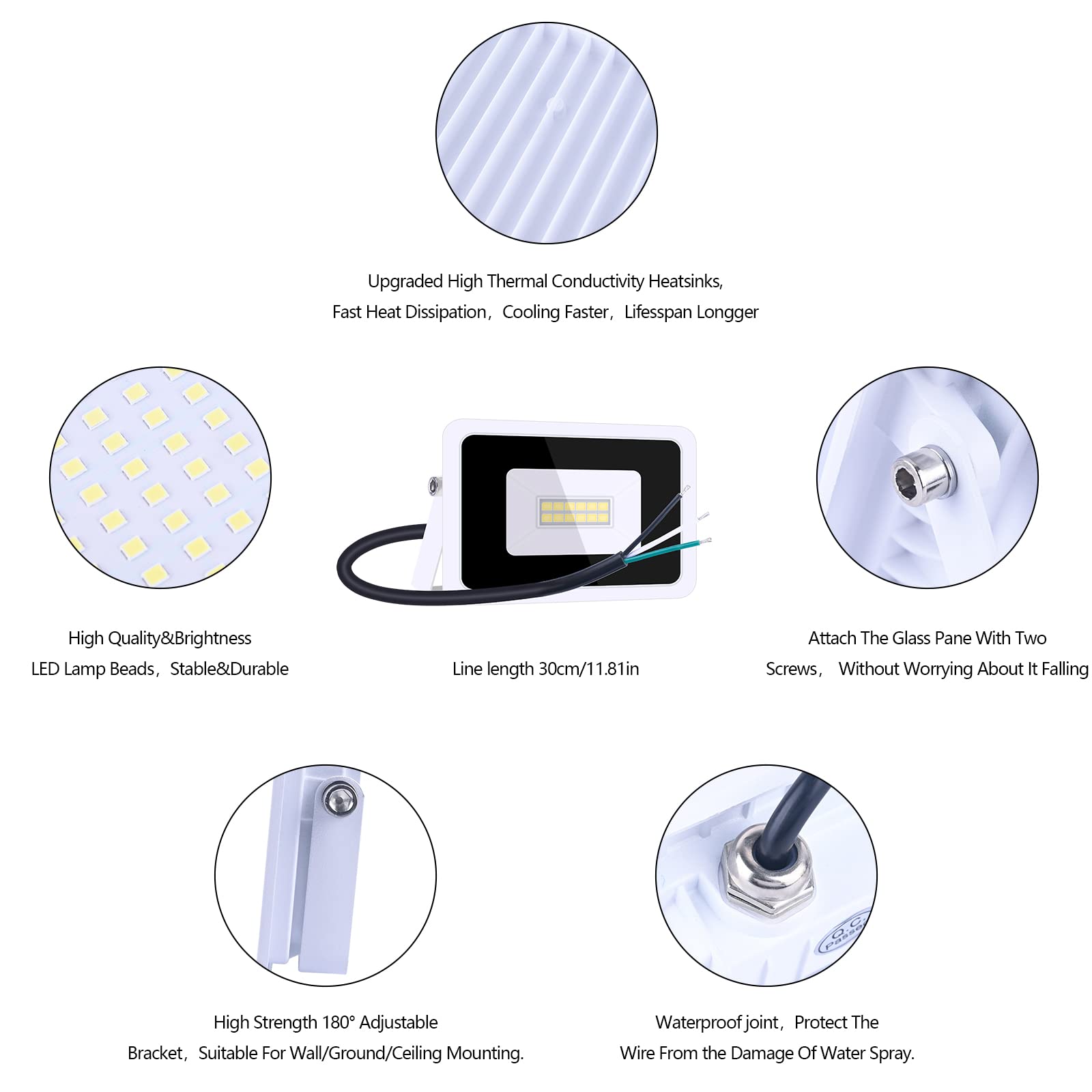 MIHEAL LED Flood Light 10W, IP68 Waterproof, Cool White, Metal, Outdoor Security Lighting for Yard, Garden, Playground, Basketball Court
