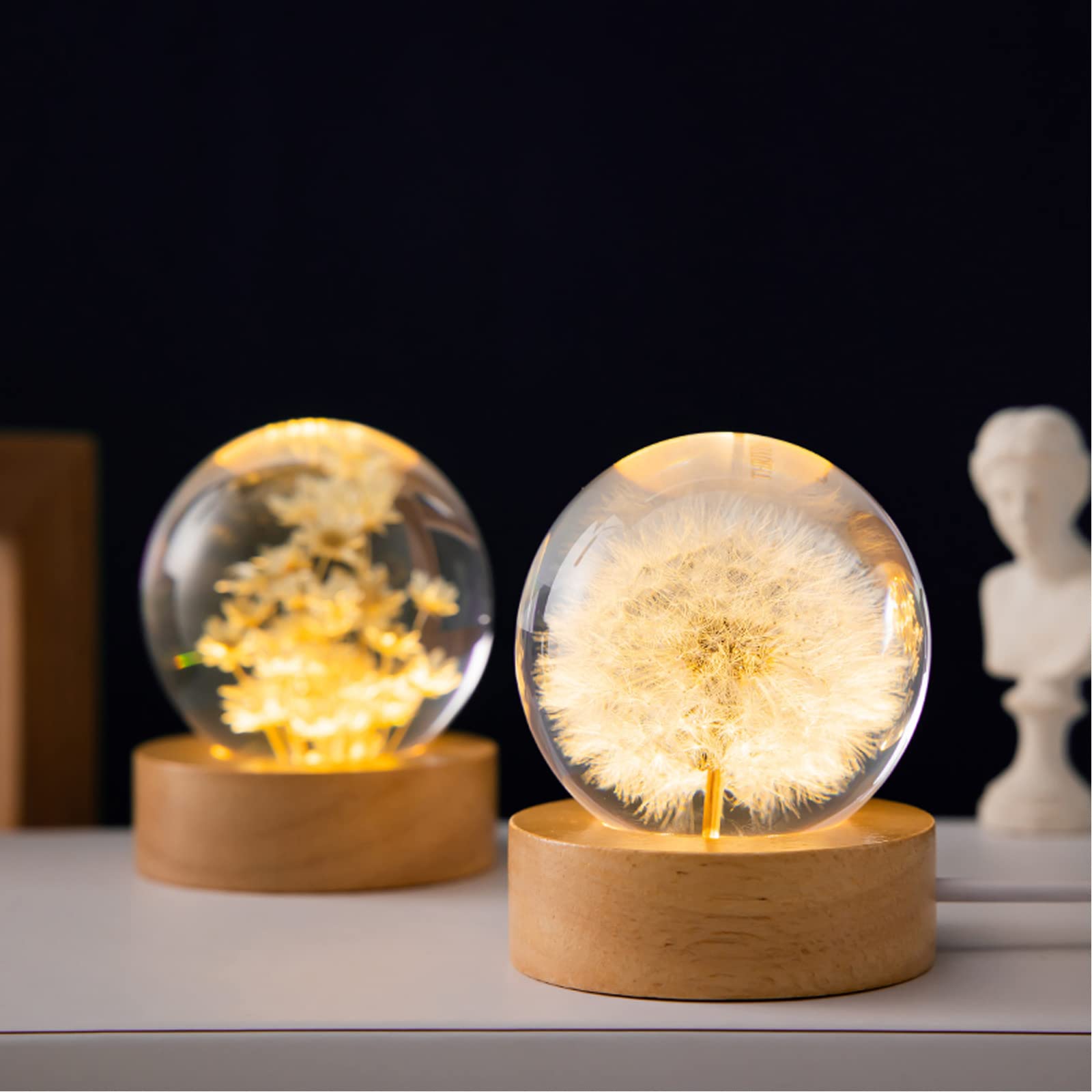Marzius Flower Crystal Ball Night Light,2.4 Inch Glass Ball Night Lamp With Woodern Base,Decorations Gifts For Men,Women,Kids,Bo