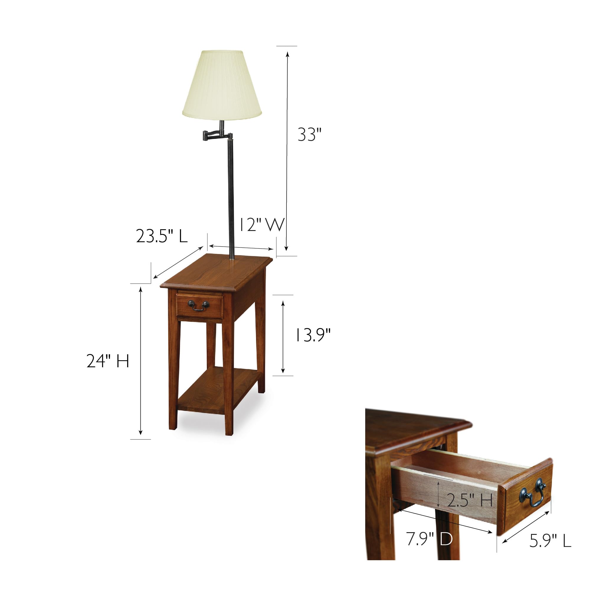 Haven Ridge Solid Wood Side Table With Built-In Swing Arm Lamp And Drawer, Medium Oak Brown, Perfect For Entryways, Living Rooms