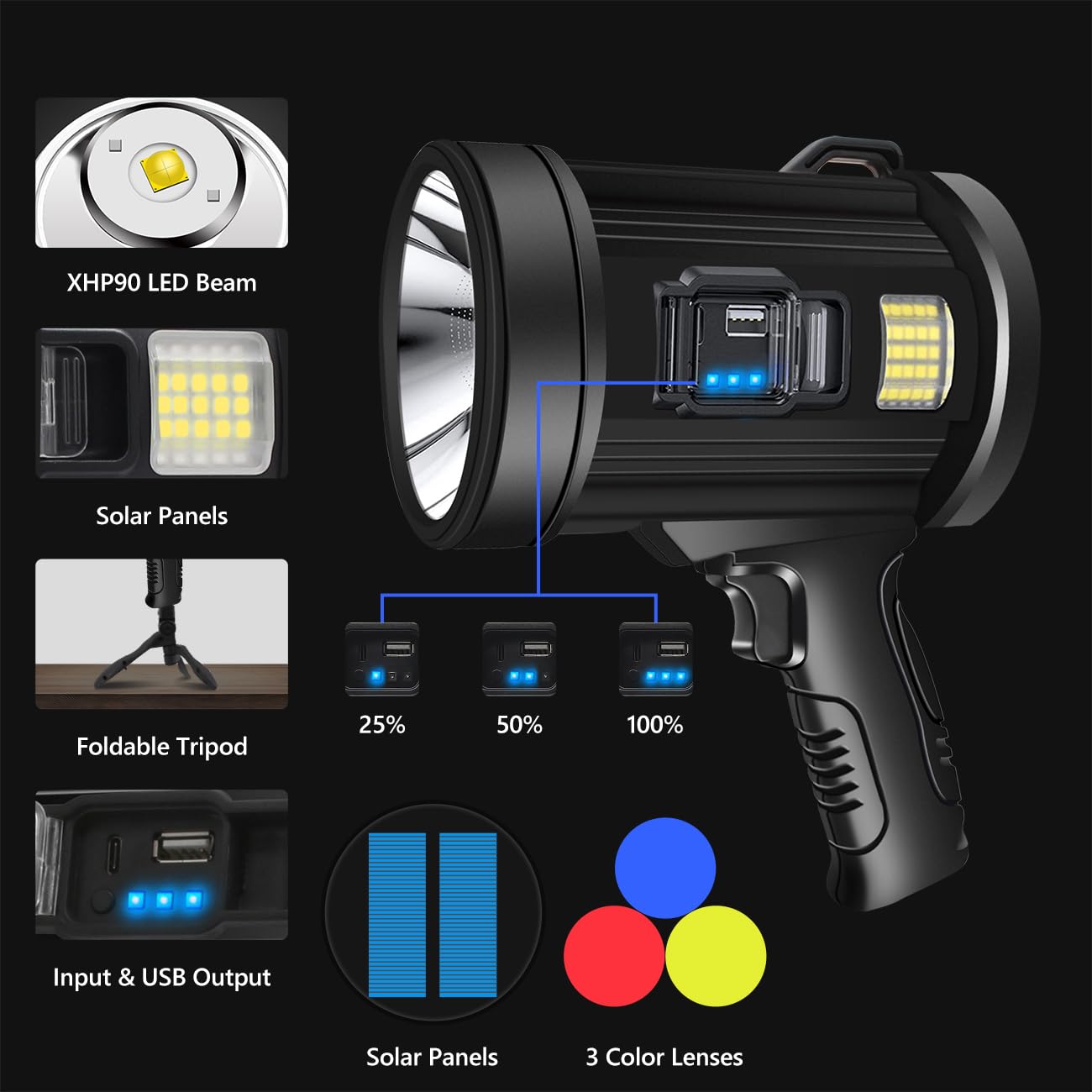 JSKNB 1000000 Lumen LED Rechargeable Spotlight Flashlight, Large with Tripod, Black, 6 Modes, Solar for Outdoor Use