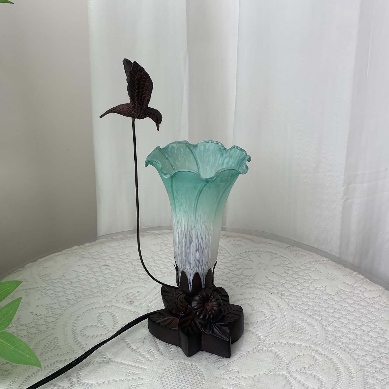 Bieye LS08 Lily Flower Blown Glass Lampshade, White Cyan, I.D. 1.26" x O.D. 1.5", Large, Elegant Lighting Decor