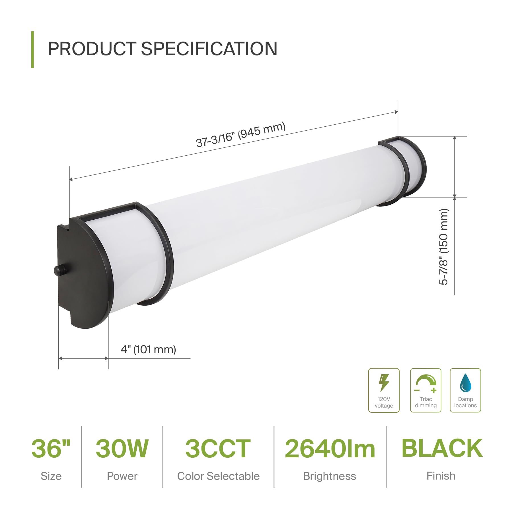 ASD LED Vanity Lighting Fixture, 36 Inch, Dimmable, 3CCT, Energy Star, ETL Listed, Black, 2 Pack, Model A-LVF21-36D